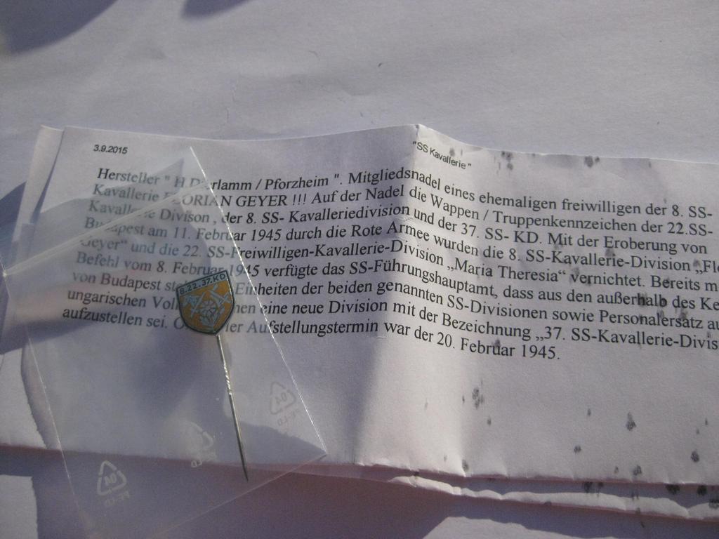 SS Mitgliedsnadel Mitgliedsabzeichen  8. ; 22. und 37. Kavallerie Division