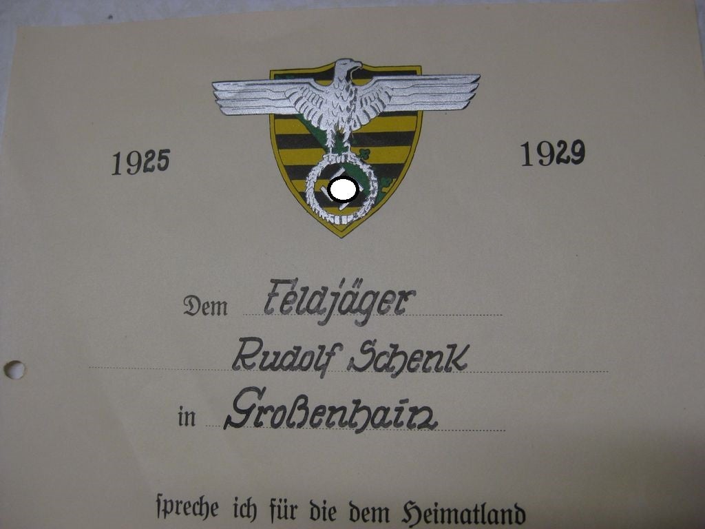 Verleihungsurkunde Anerkennungsurkunde Freikorpskämpfer Sachsen 1925 - 1929 DRESDEN