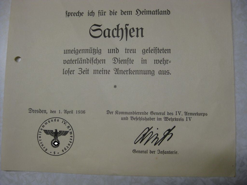 Verleihungsurkunde Anerkennungsurkunde Freikorpskämpfer Sachsen 1925 - 1929 DRESDEN