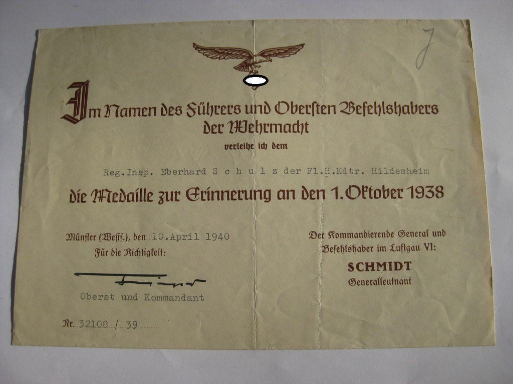 Verleihungsukunden Dokumente Luftwaffe Reichsluftfahrtministerium (RLM) Berlin Hildesheim
