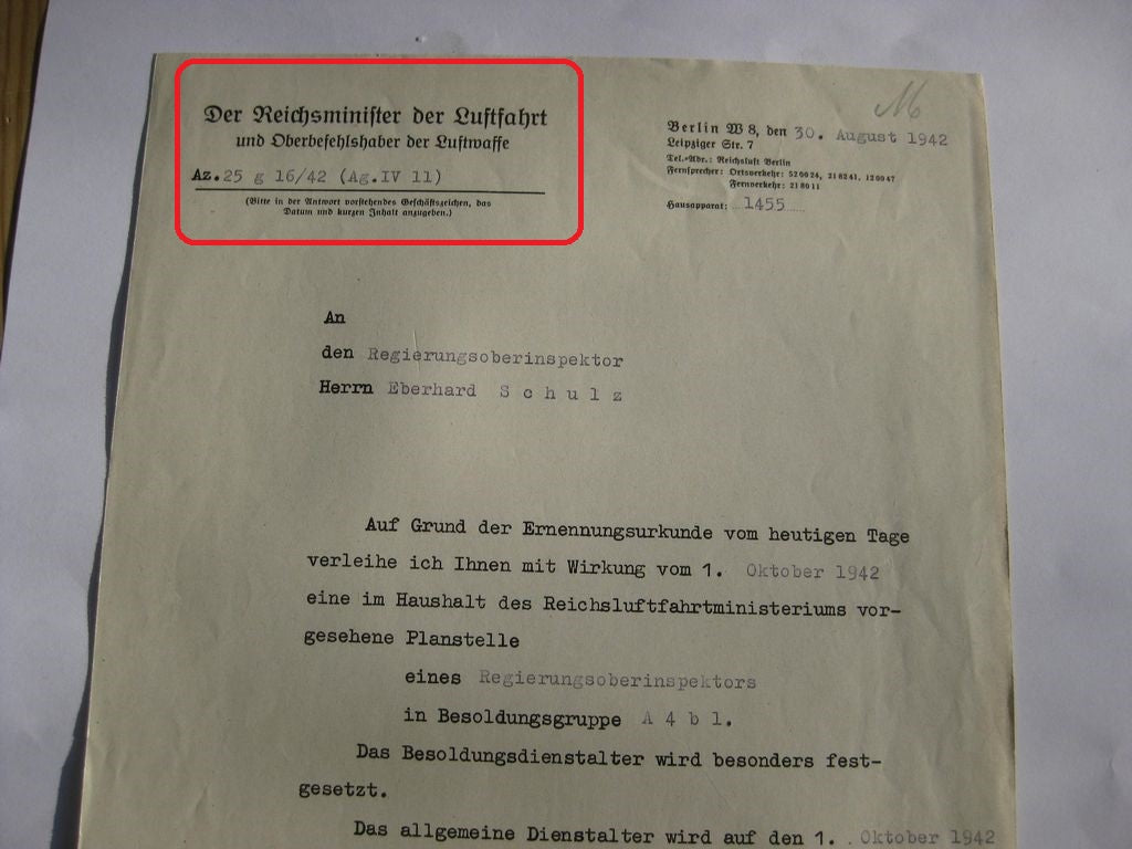Verleihungsukunden Dokumente Luftwaffe Reichsluftfahrtministerium (RLM) Berlin Hildesheim
