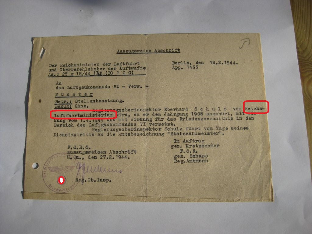 Verleihungsukunden Dokumente Luftwaffe Reichsluftfahrtministerium (RLM) Berlin Hildesheim