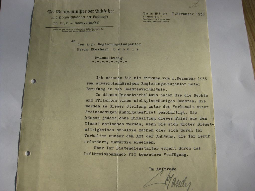 Verleihungsukunden Dokumente Luftwaffe Reichsluftfahrtministerium (RLM) Berlin Hildesheim