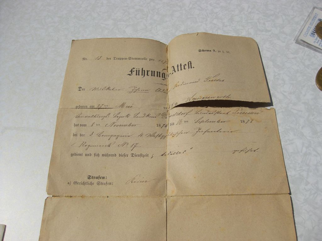 Urkunde Führungszeugnis von 1878 Alsace
