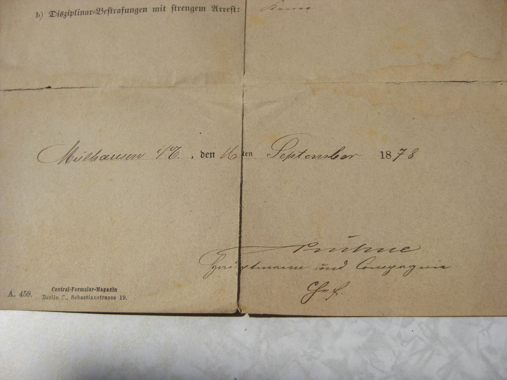 Urkunde Führungszeugnis von 1878 Alsace