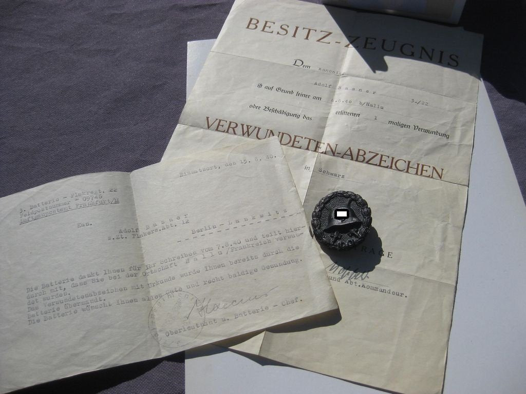 Verwundetenabzeichen in Schwarz 1.Form  -Variante- sog. Legion Condor mit Verleihungsurkunde Frankreichfeldzug Westfront 1940