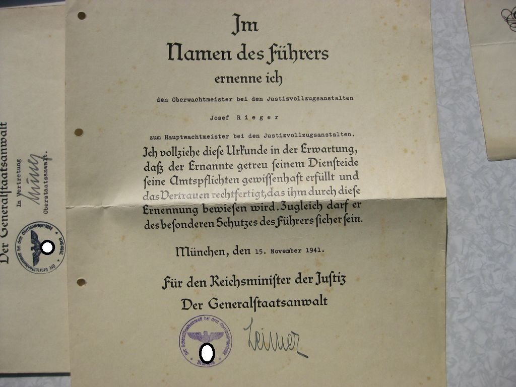 Strafanstalt LANDSBERG am Lech Beförderungsurkunden Wachmann Schließer von ADOLF HITLER !!!! 3.Reich