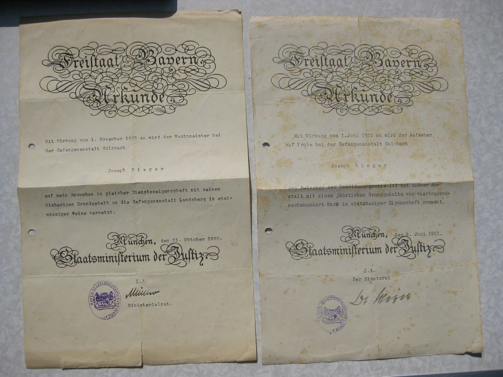 Strafanstalt LANDSBERG am Lech Beförderungsurkunden Wachmann Schließer von ADOLF HITLER !!!! 3.Reich