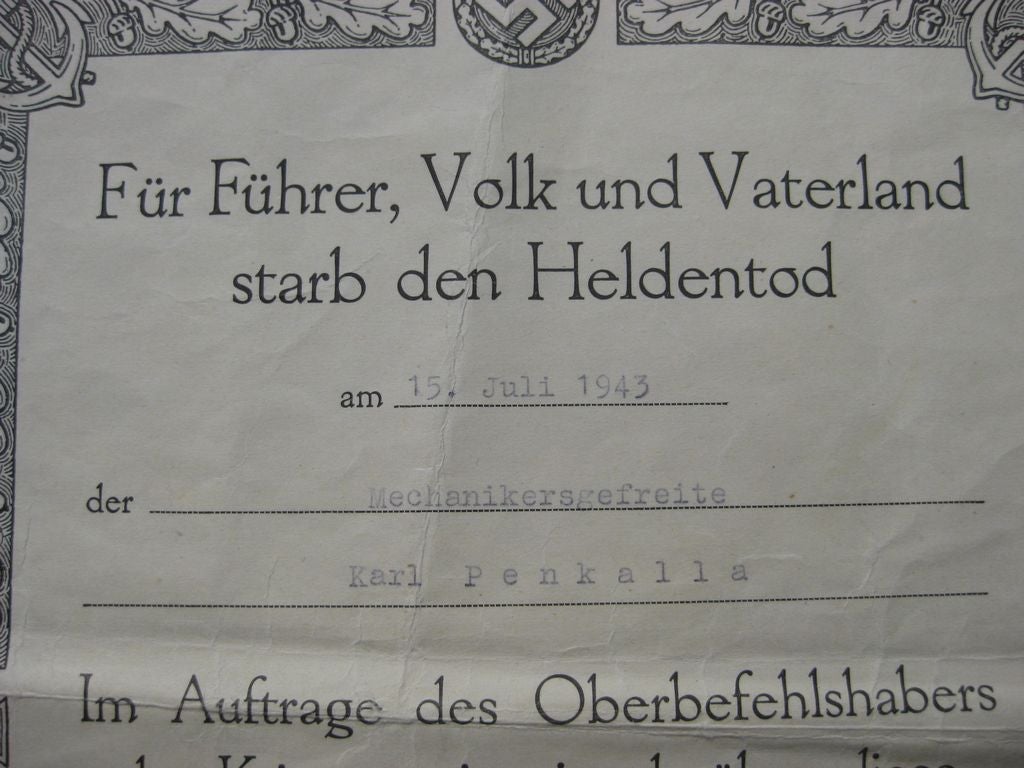 Heldentodurkunde Kriegsmarine für einen !!!!! U-Bootfahrer !!!!! Wehrmacht U-Bootkriegsabzeichen Front U-Boot deutsches Unterseeboot