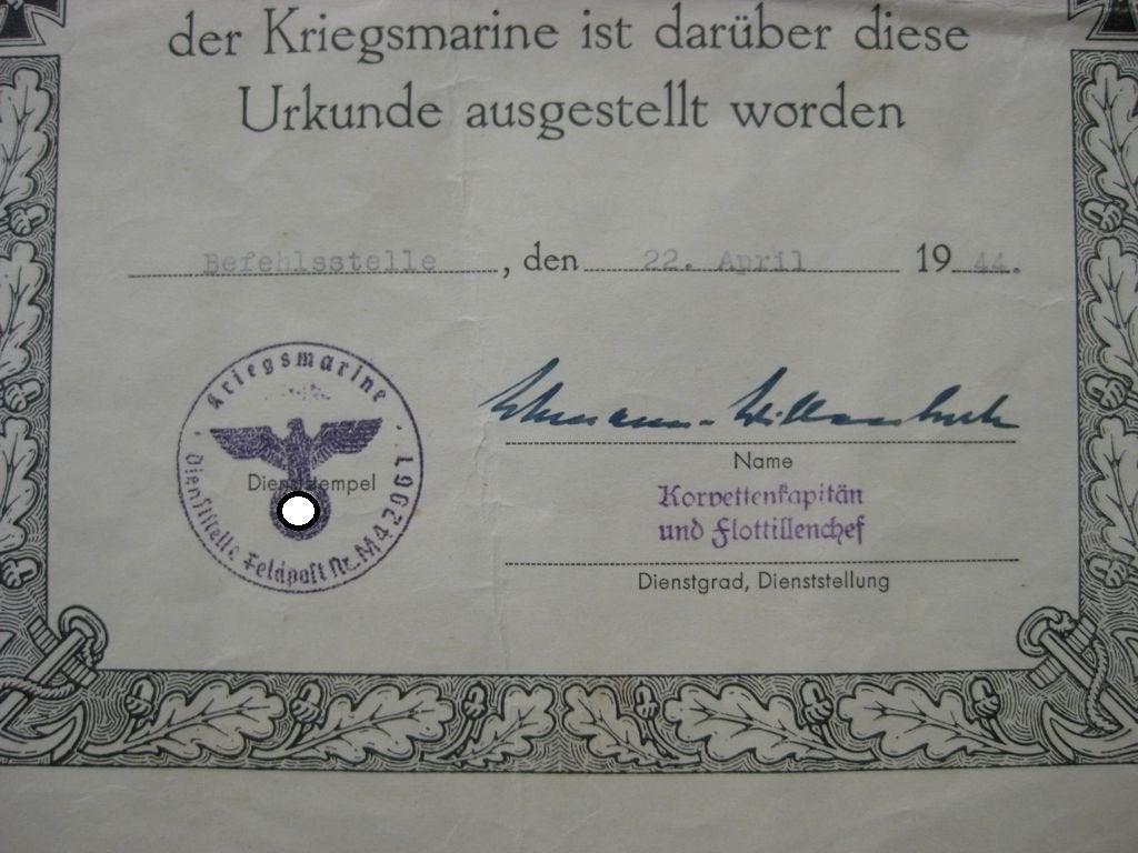 Heldentodurkunde Kriegsmarine für einen !!!!! U-Bootfahrer !!!!! Wehrmacht U-Bootkriegsabzeichen Front U-Boot deutsches Unterseeboot