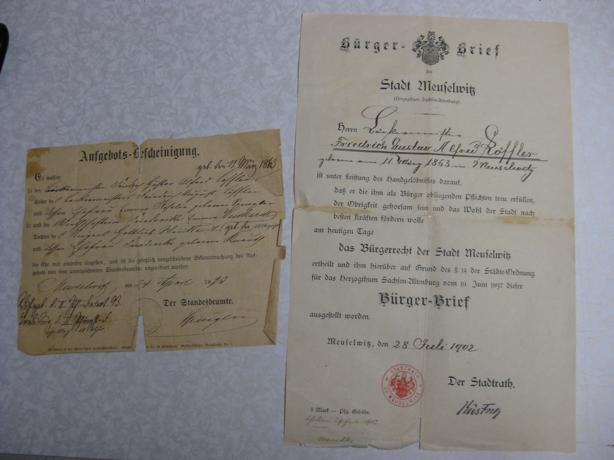 Urkunde Bürgerrecht der Stadt Meuselwitz im Herzogtum Sachsen-Altenburg