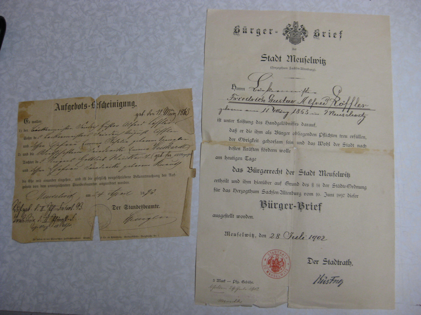 Urkunde Bürgerrecht der Stadt Meuselwitz im Herzogtum Sachsen-Altenburg