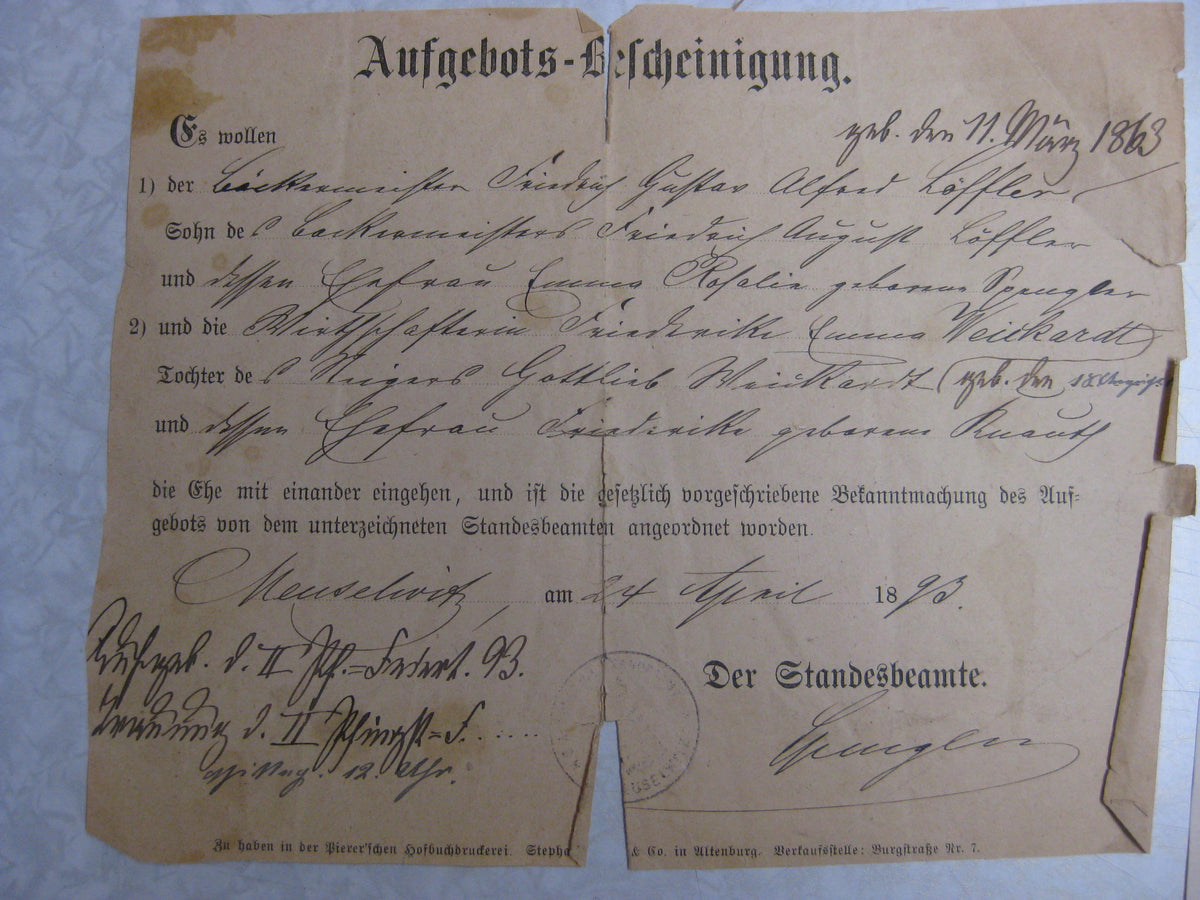 Urkunde Bürgerrecht der Stadt Meuselwitz im Herzogtum Sachsen-Altenburg