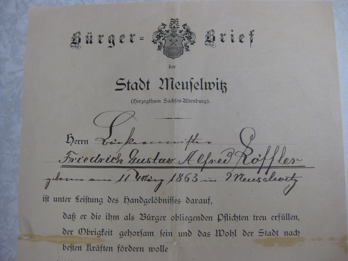Urkunde Bürgerrecht der Stadt Meuselwitz im Herzogtum Sachsen-Altenburg