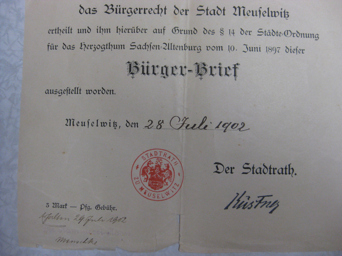 Urkunde Bürgerrecht der Stadt Meuselwitz im Herzogtum Sachsen-Altenburg