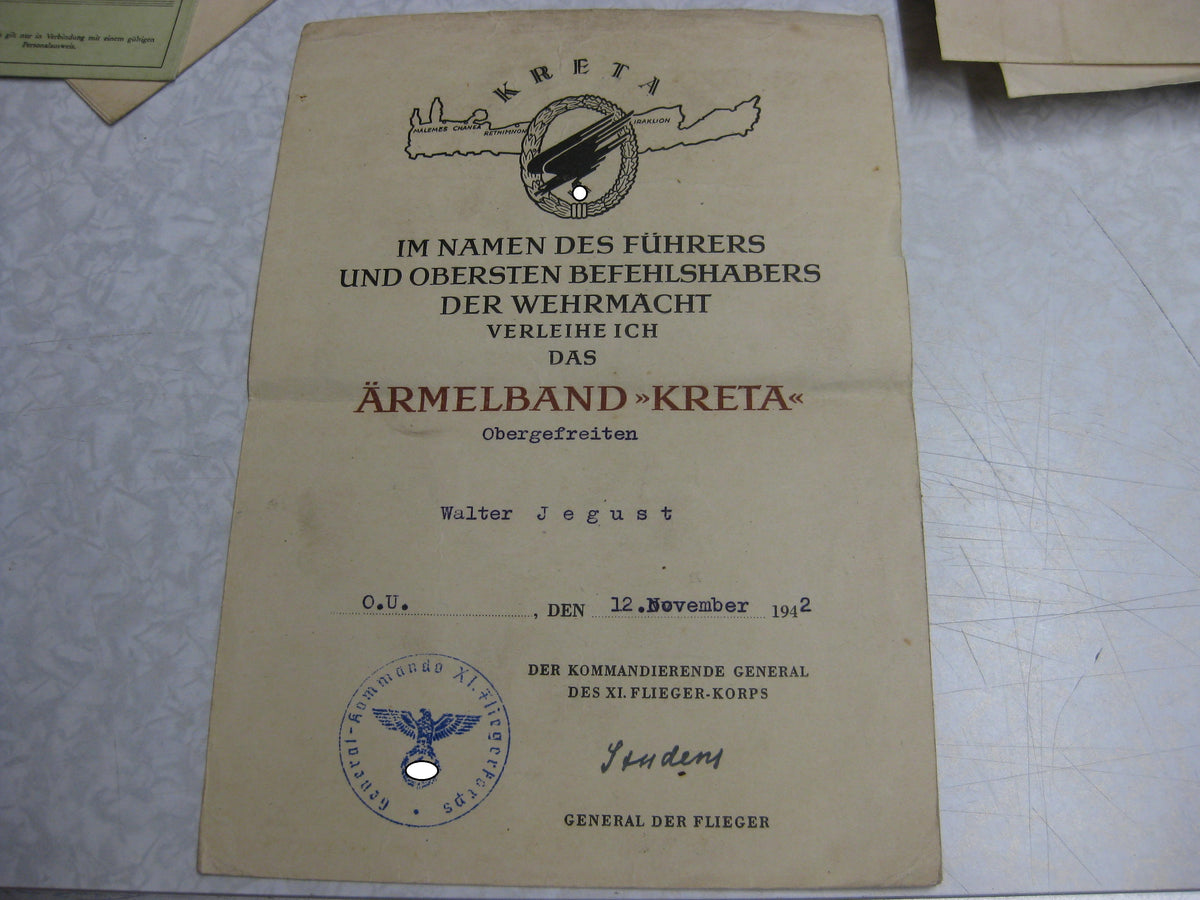 Verleihungsurkunden Luftwaffe Ärmelband  KRETA Fallschirmschützenabzeichen
