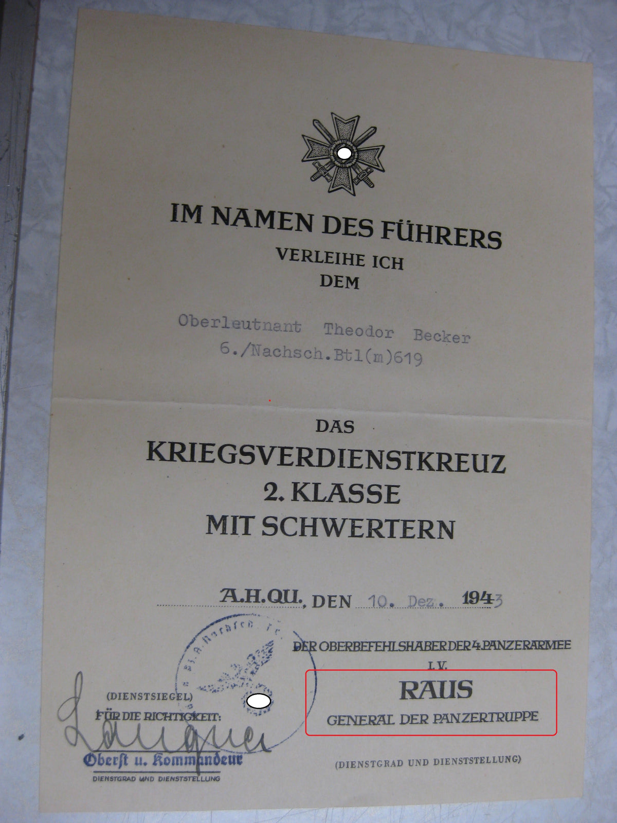 Besitzzeugnis Verleihungsurkunde Kriegsverdienstkreuz 2.Klasse mit Schwertern KVK2/39