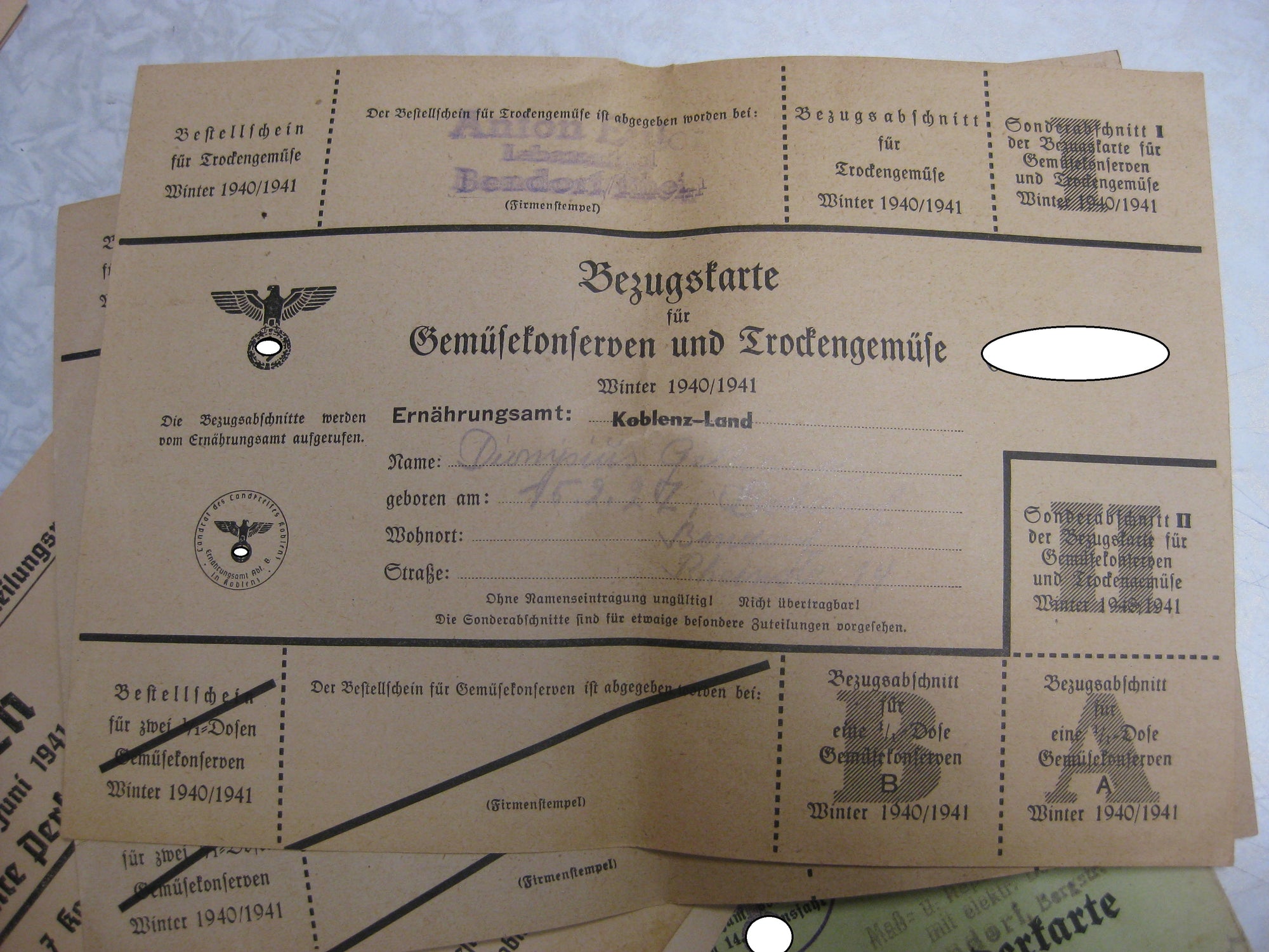 Lebensmittelmarke Bezugskarte Winter 1940/41 Koblenz