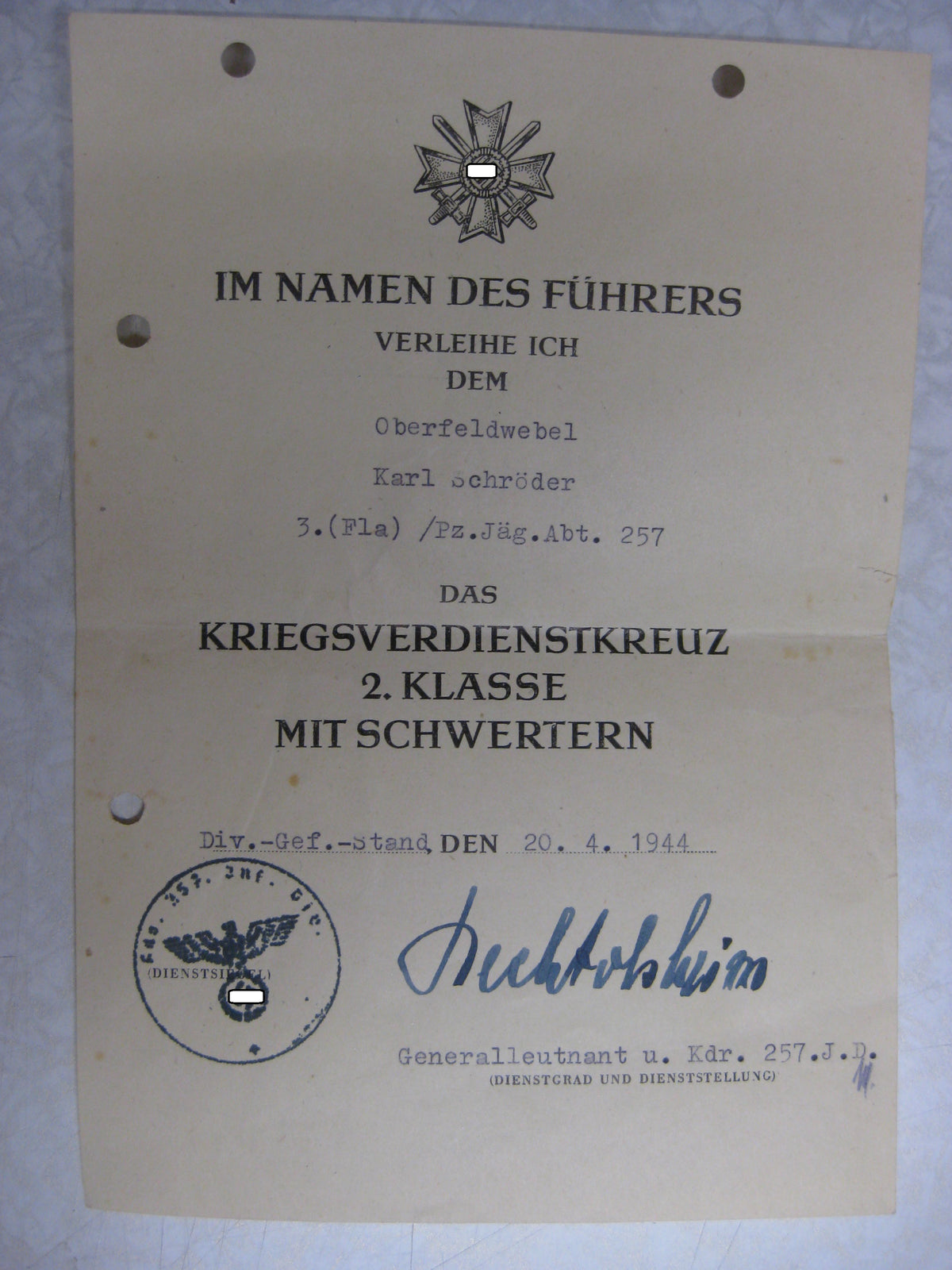 Besitzzeugnis Verleihungsurkunden Panzerjäger Abteilung 257 Panzerartillerie Panzertruppe Wehrmacht