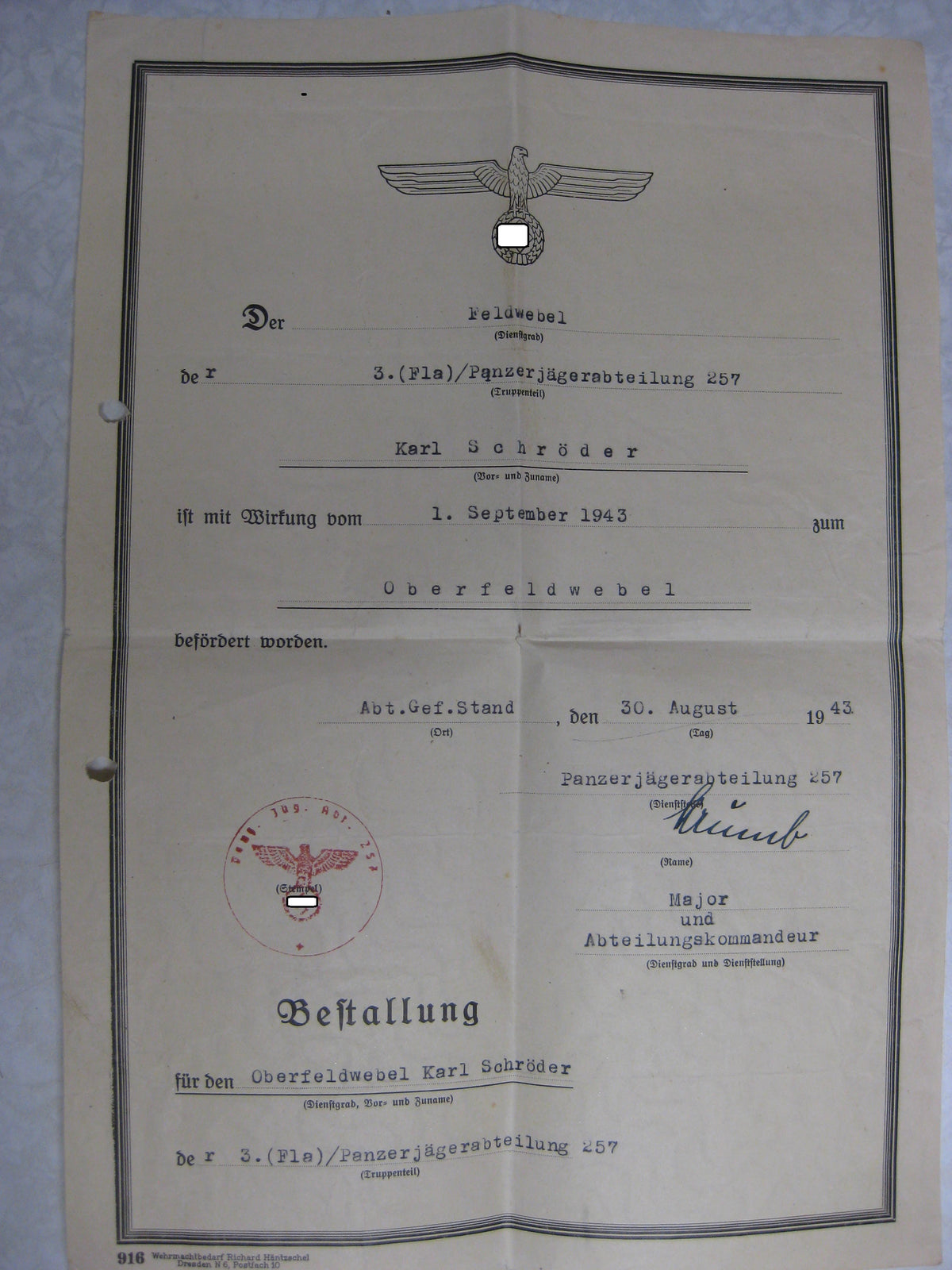 Besitzzeugnis Verleihungsurkunden Panzerjäger Abteilung 257 Panzerartillerie Panzertruppe Wehrmacht