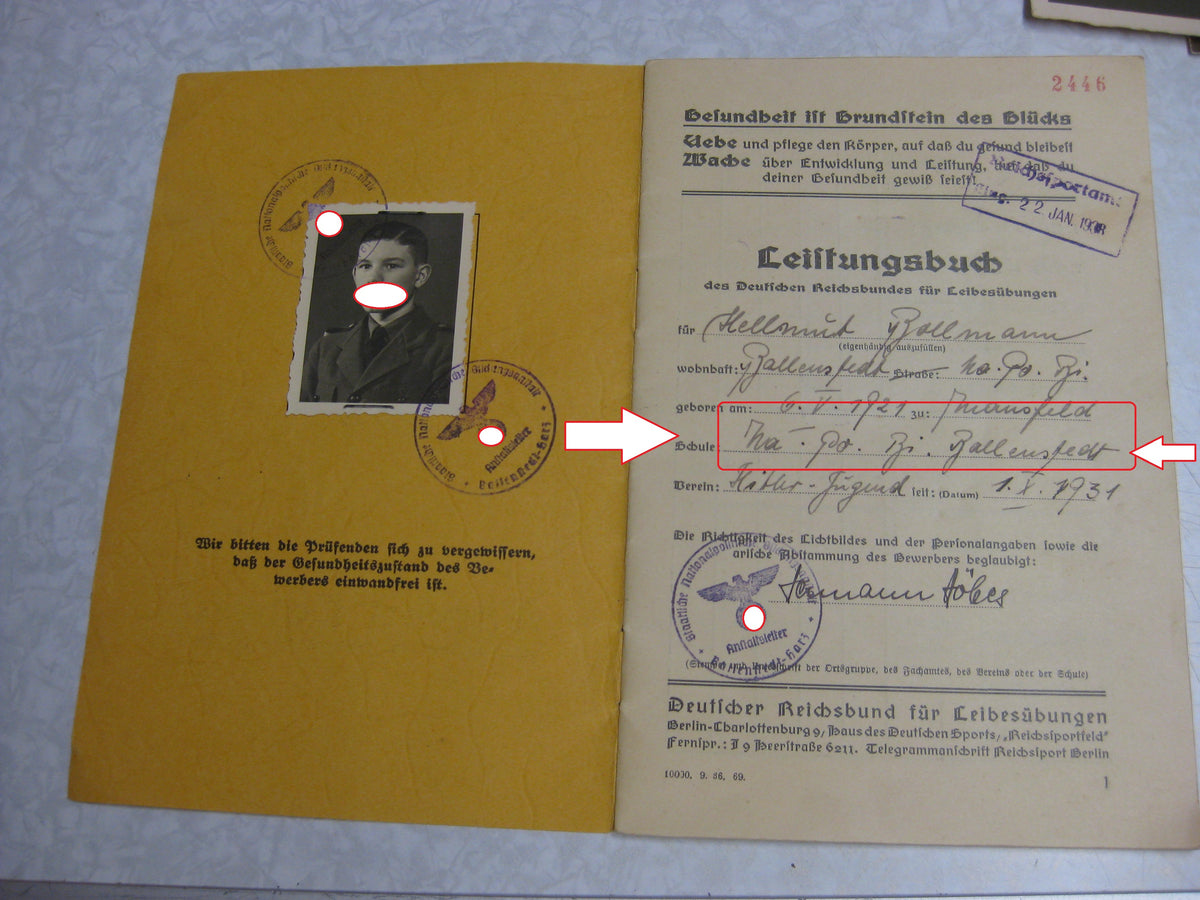 Hitlerjugend (HJ) Leistungsbuch zum Reichsjugendsportabzeichen NAPOLA / NPEA Ballenstedt