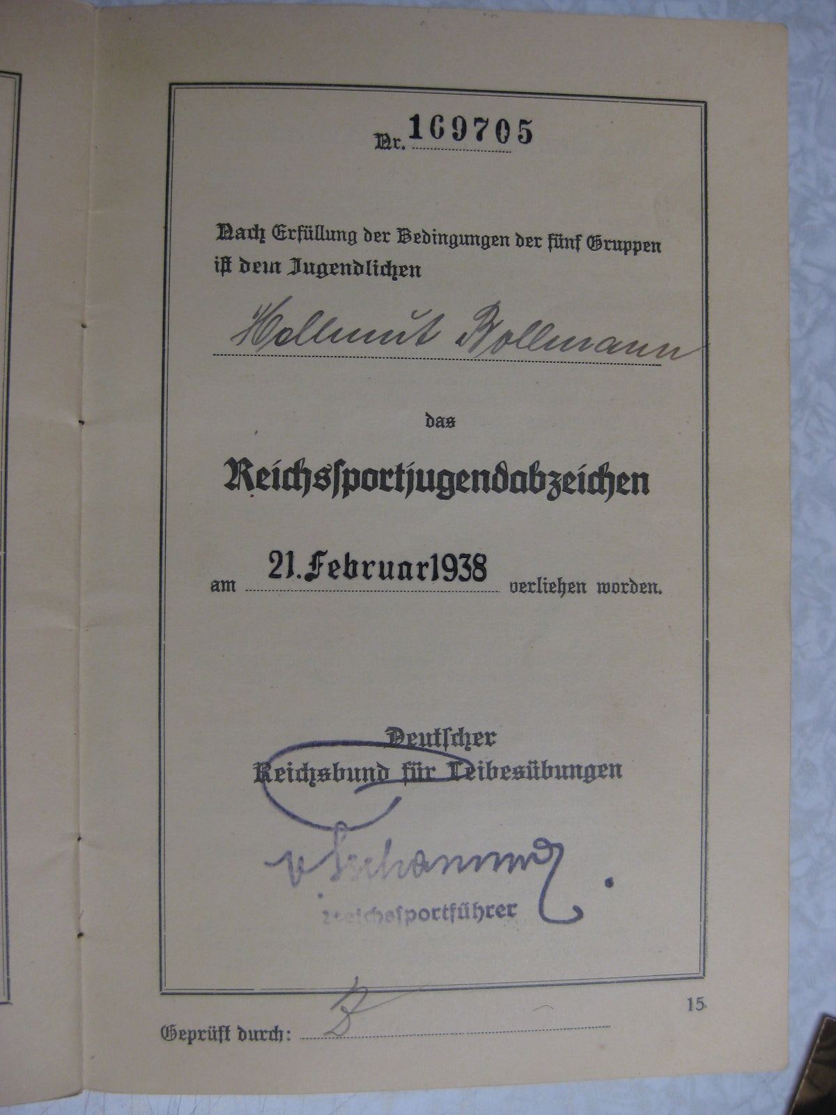 Hitlerjugend (HJ) Leistungsbuch zum Reichsjugendsportabzeichen NAPOLA / NPEA Ballenstedt