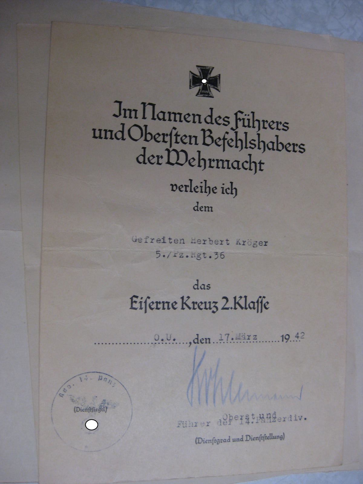 Verleihungsurkunden Panzertruppe gefallen in STALINGRAD Panzerkampfwagenabzeichen