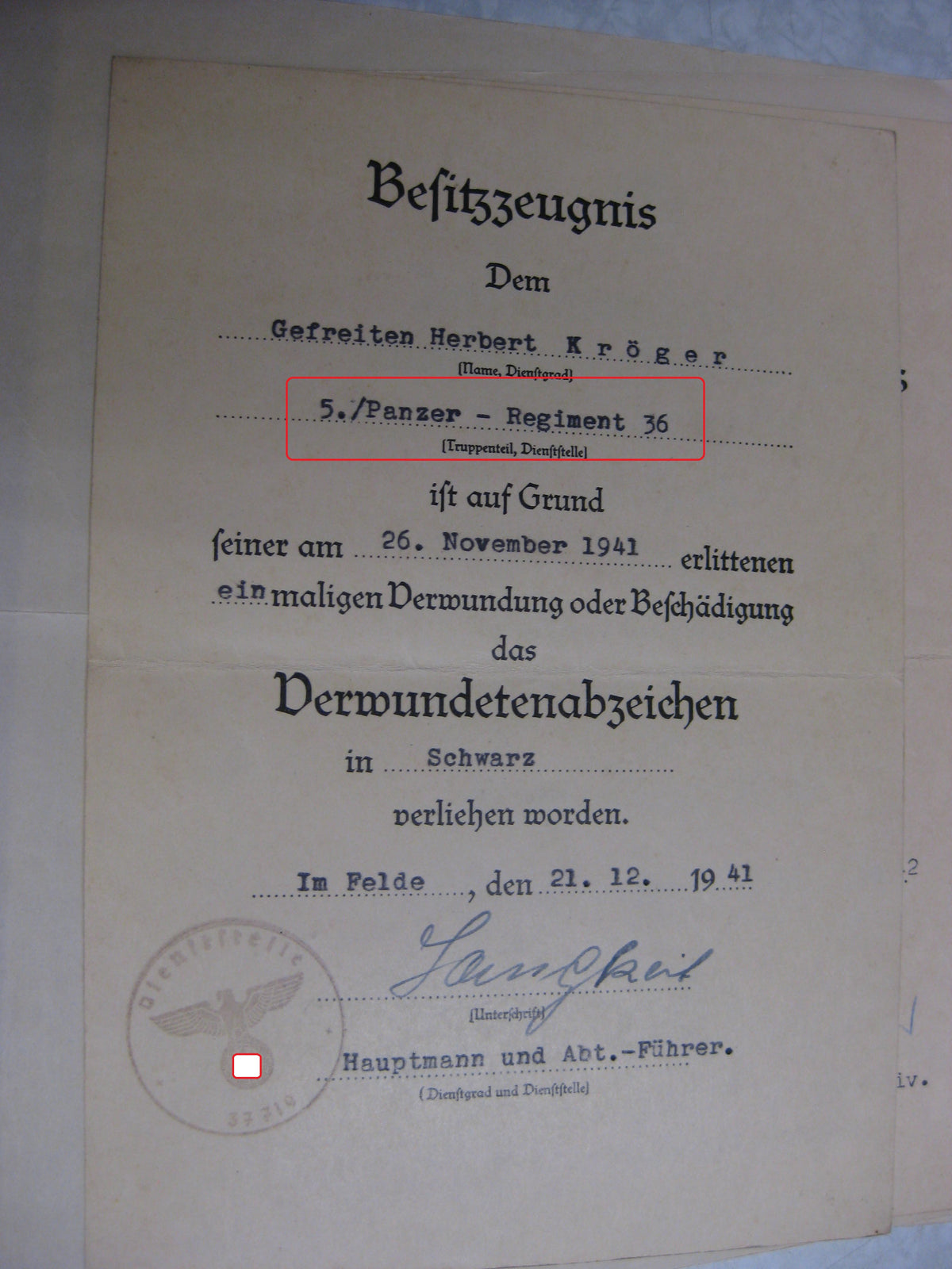 Verleihungsurkunden Panzertruppe gefallen in STALINGRAD Panzerkampfwagenabzeichen