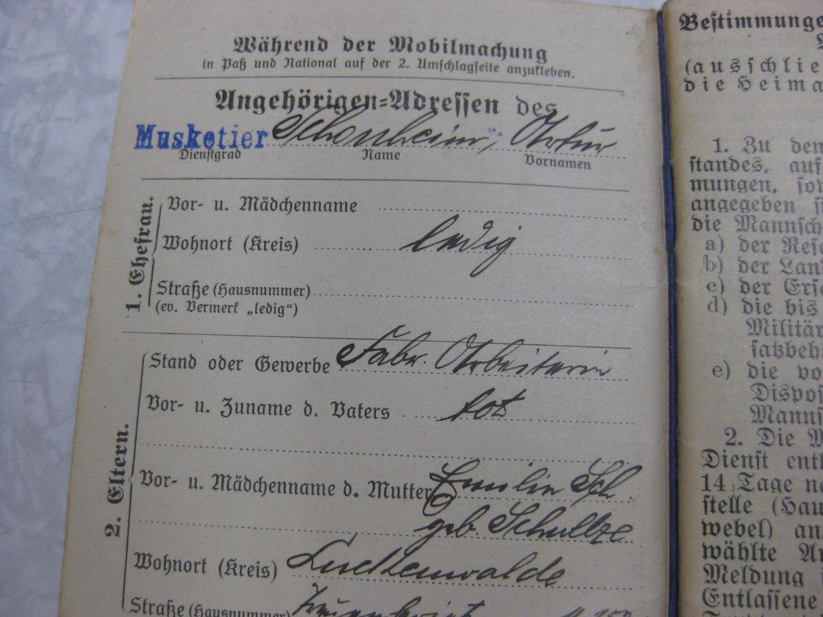 Militärpaß / Soldbuch Reserve Infanterie Regiment 52