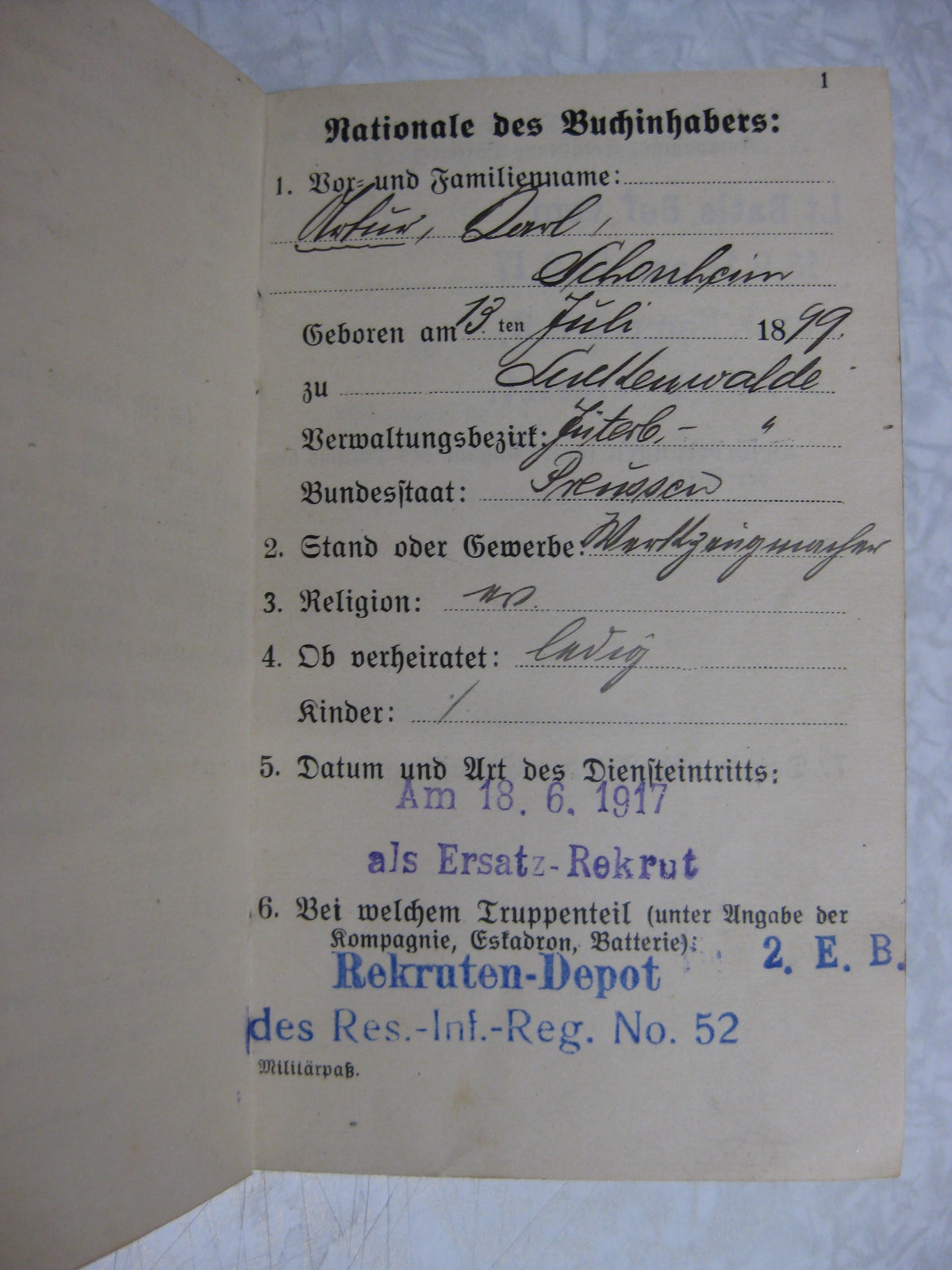 Militärpaß / Soldbuch Reserve Infanterie Regiment 52