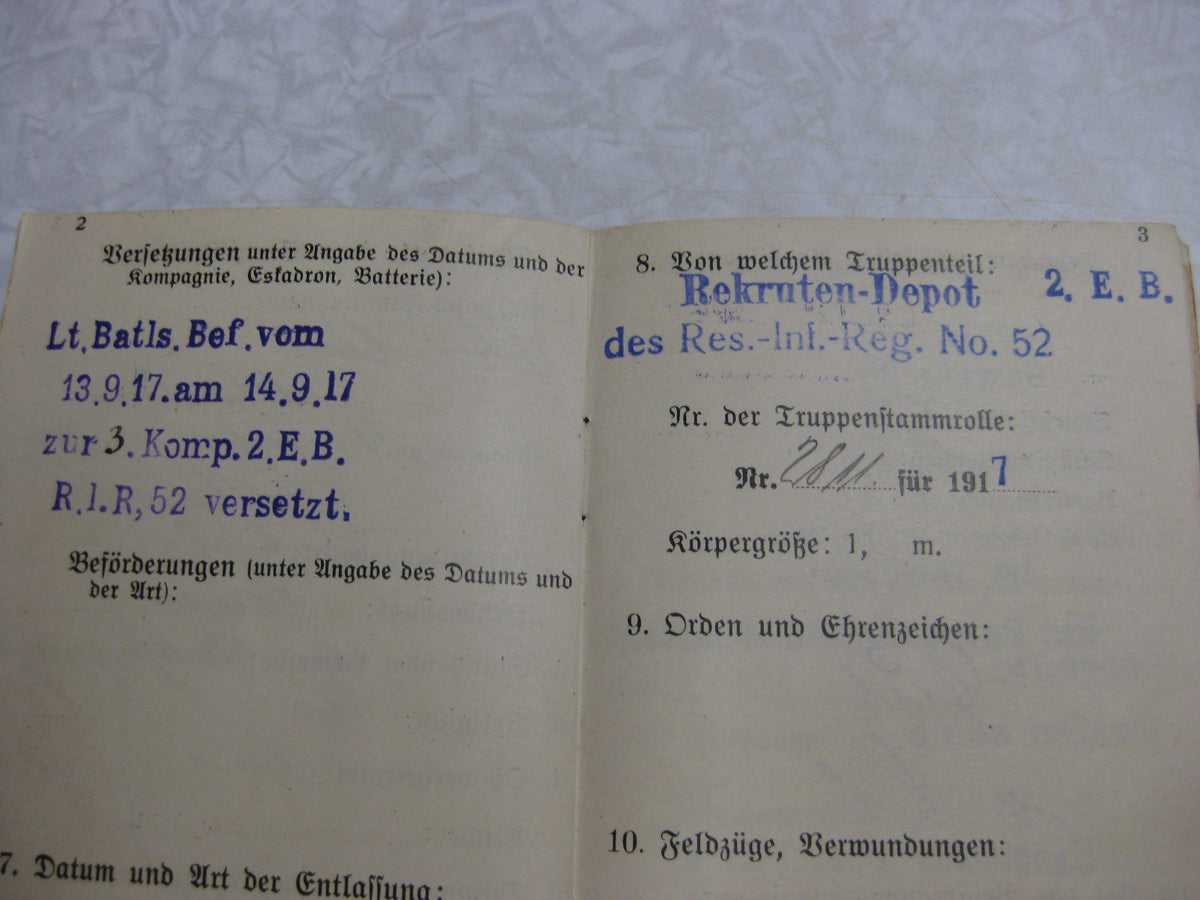 Militärpaß / Soldbuch Reserve Infanterie Regiment 52
