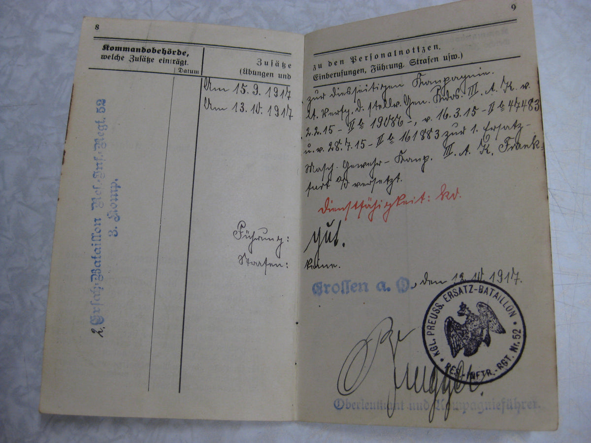 Militärpaß / Soldbuch Reserve Infanterie Regiment 52