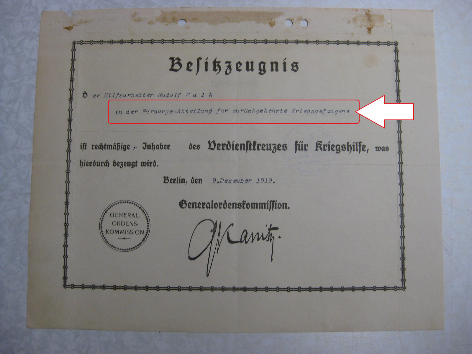 Verleihungsurkunde Kreuz für Kriegshilfe 1.Weltkrieg Nachkriegsverleihung