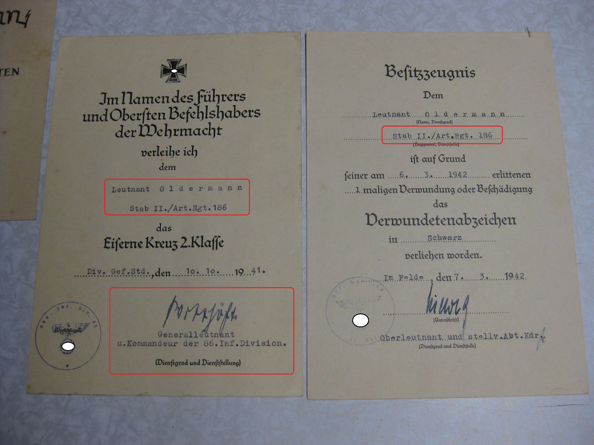 Besitzzeugnis Verleihungsurkunde Eisernes Kreuz Verwundetenabzeichen Infanterie Sturmabzeichen 2x (!!) Ostmedaille etc etc  Wehrmacht