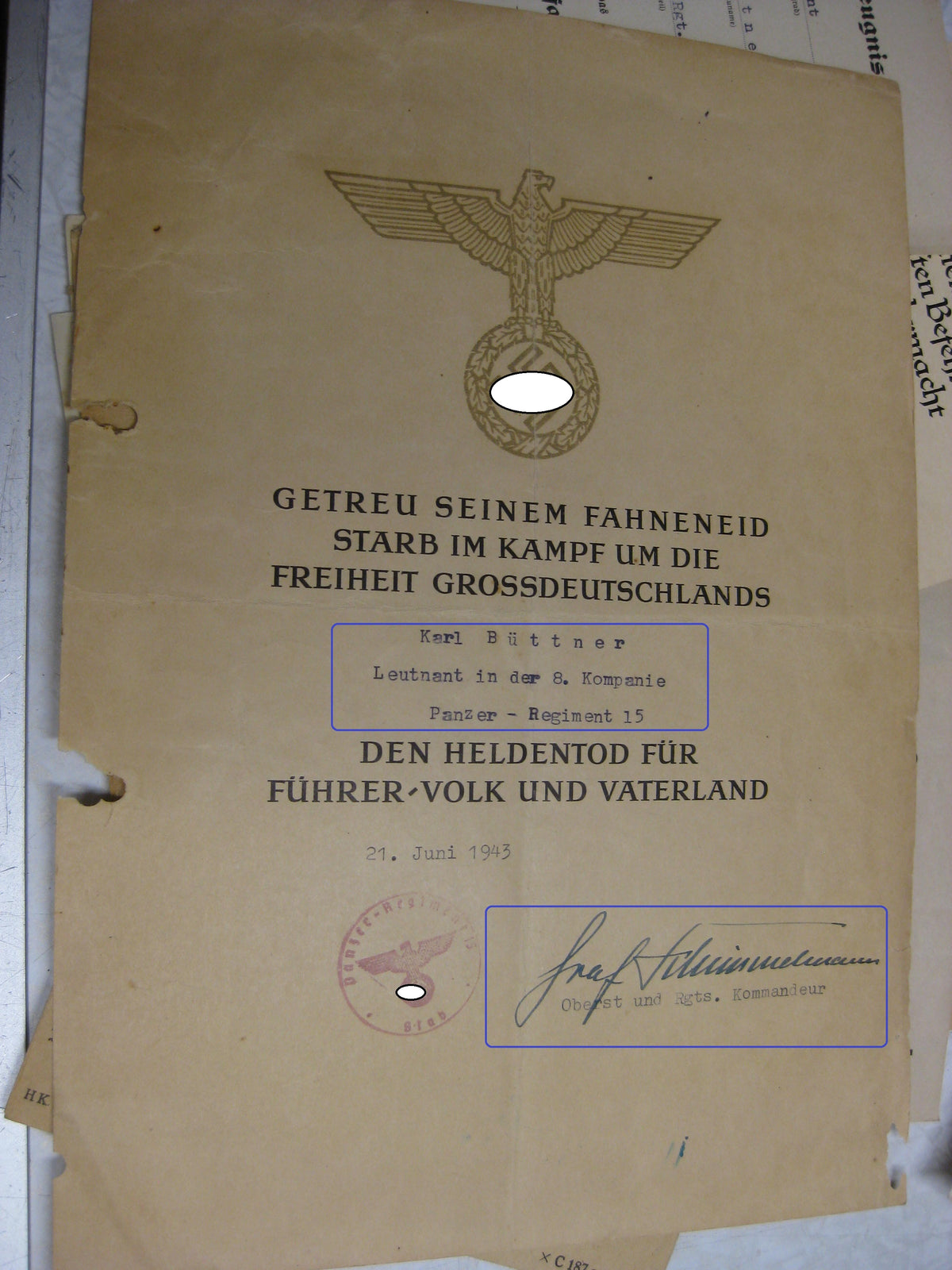 Verleihungsurkunden Panzertruppe gefallen in Charkow Panzerkampfwagenabzeichen in Silber