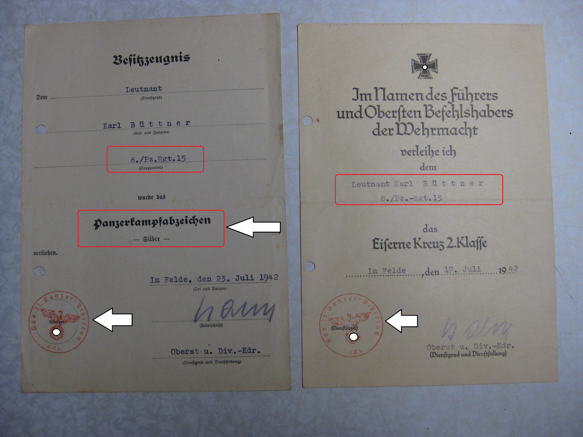 Verleihungsurkunden Panzertruppe gefallen in Charkow Panzerkampfwagenabzeichen in Silber