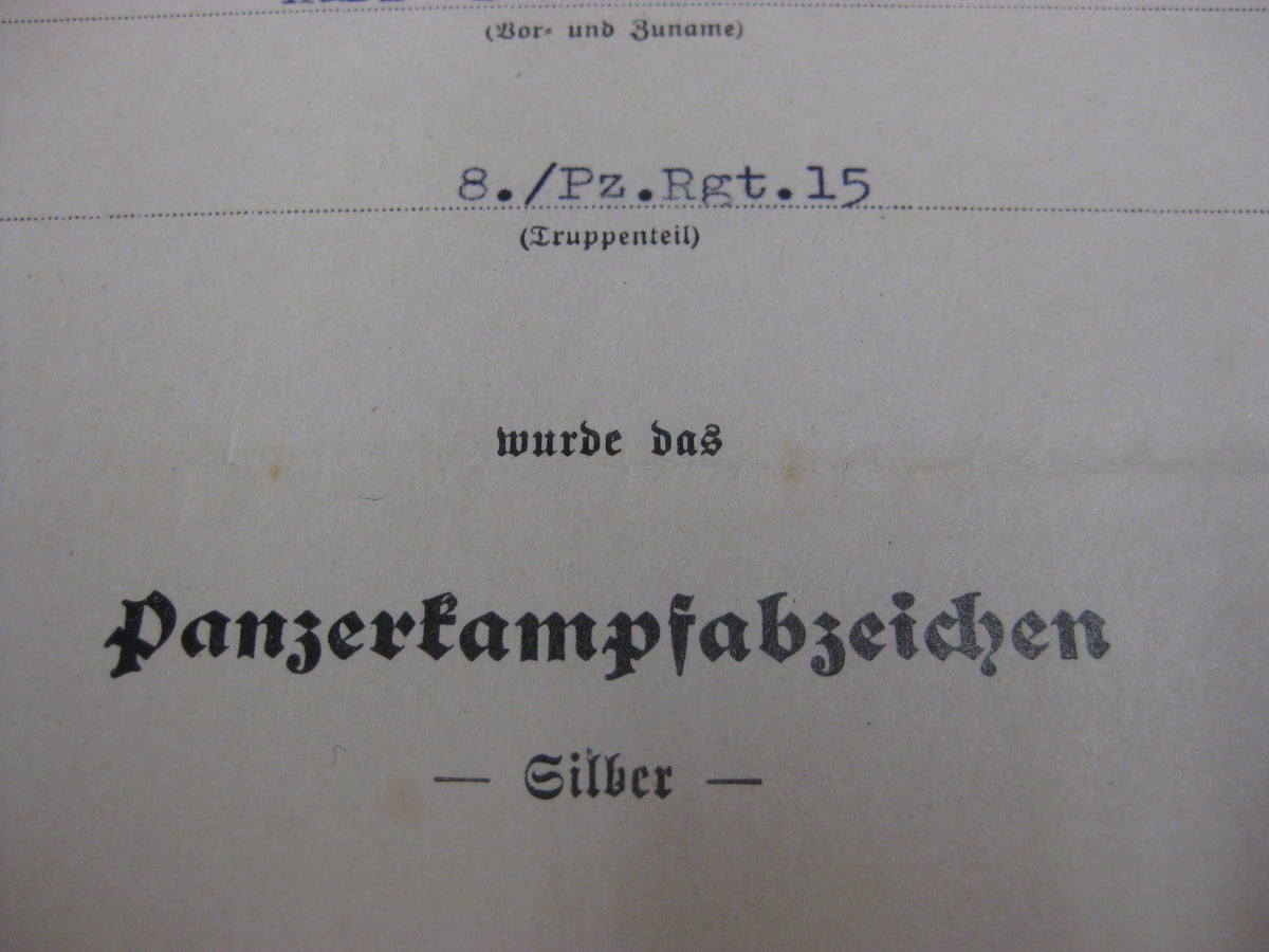 Verleihungsurkunden Panzertruppe gefallen in Charkow Panzerkampfwagenabzeichen in Silber