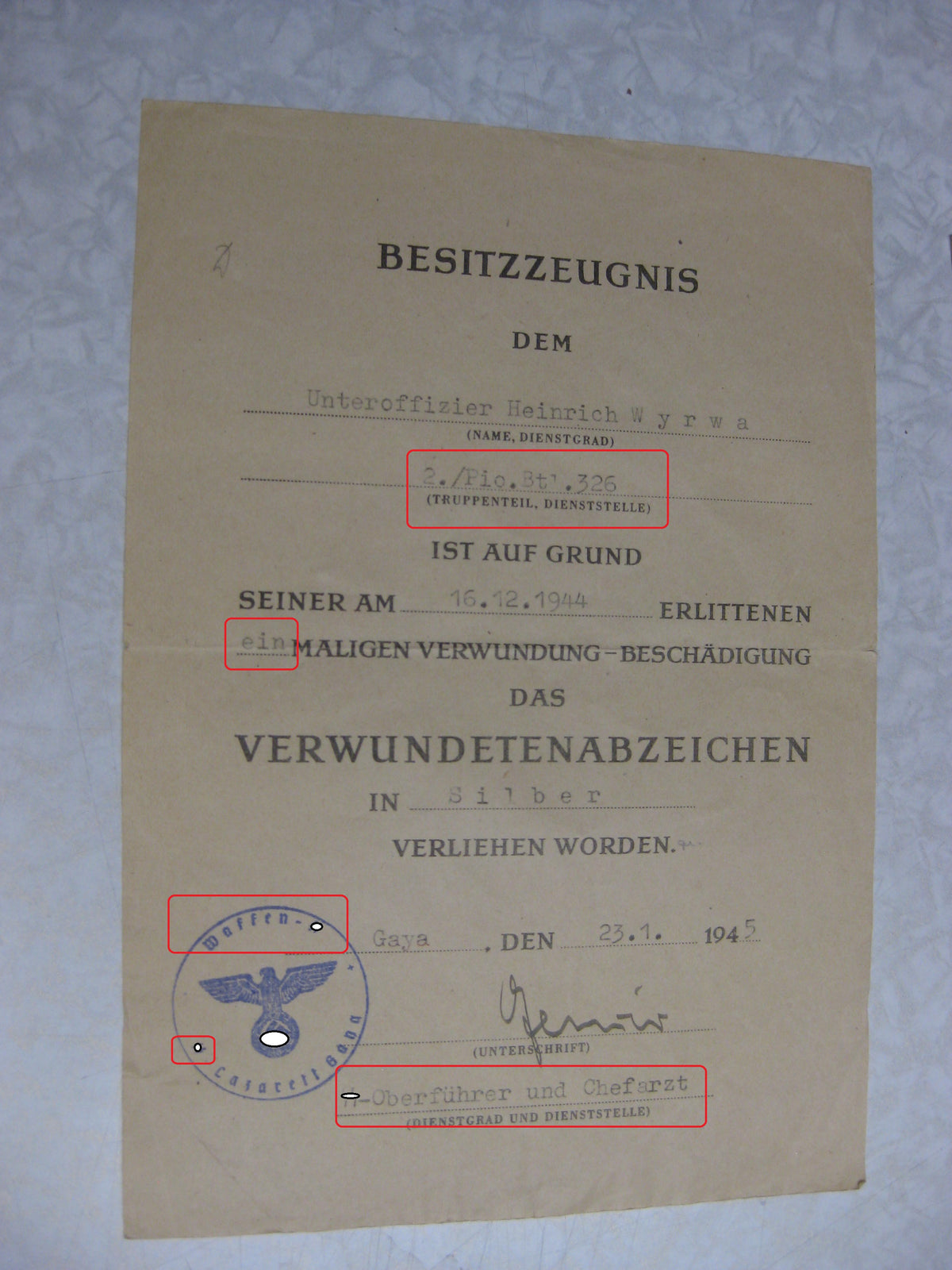 Besitzzeugnis Verleihungsurkunde Waffen-SS Eisernes Kreuz Ardennenfront Verwundetenabzeichen Silber Wehrmacht
