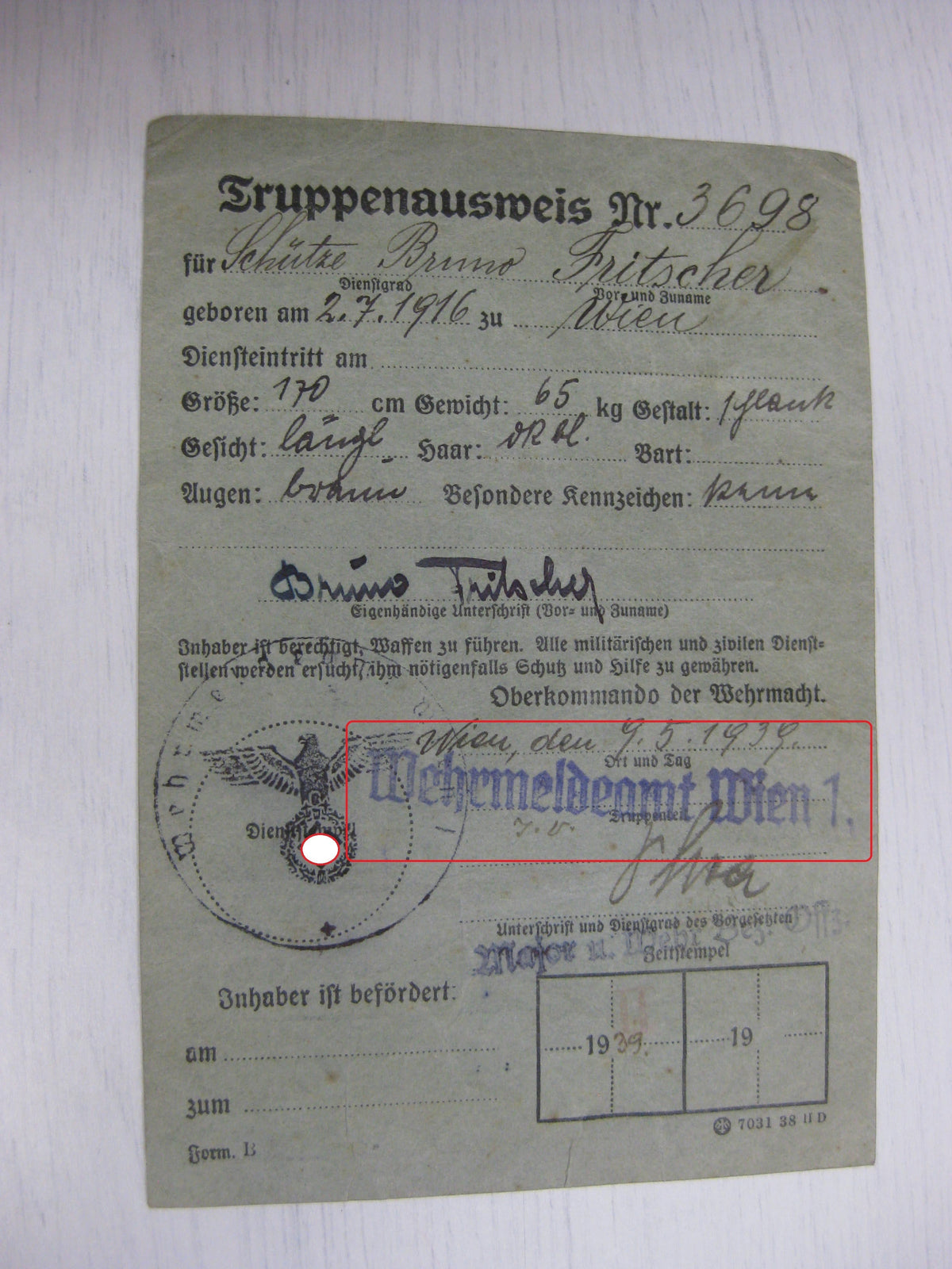 Besitzzeugnis Verleihungsurkunde Wehrmacht Russland Ostfront