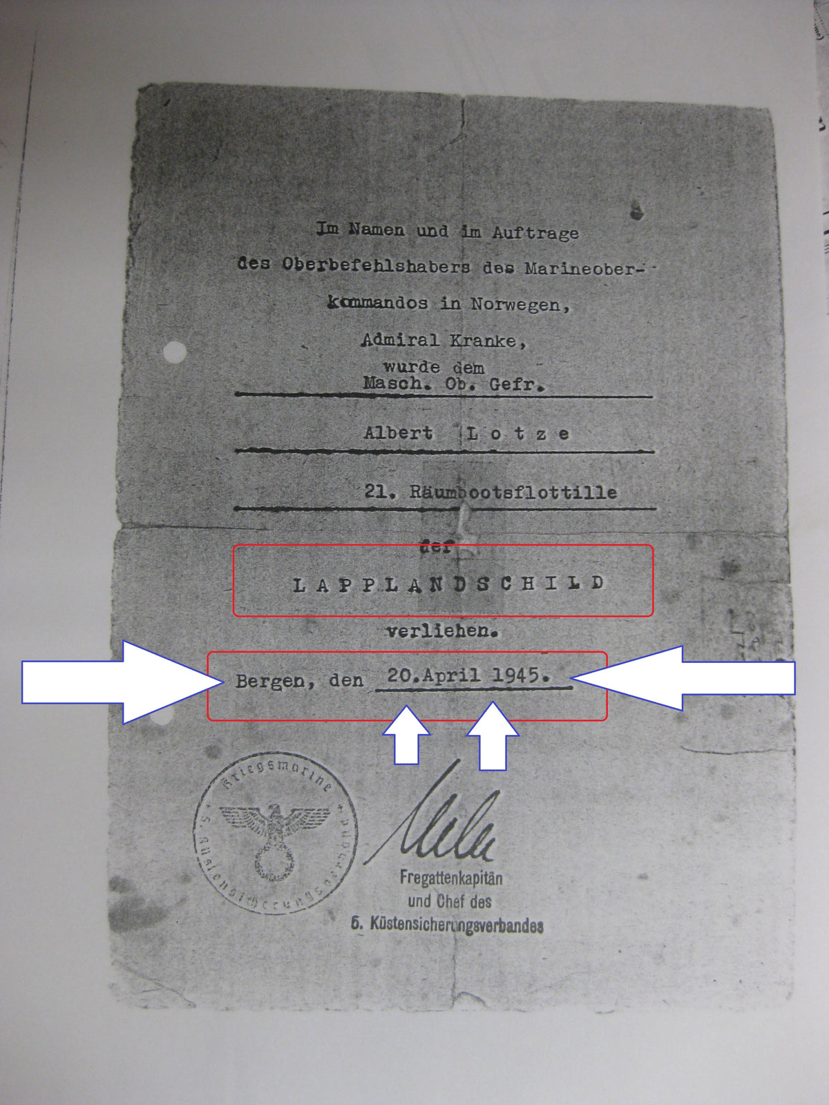 Kopie von Verleihungsurkunde Kriegsmarine Lapplandschild Minensucherkriegsabzeichen Norwegen