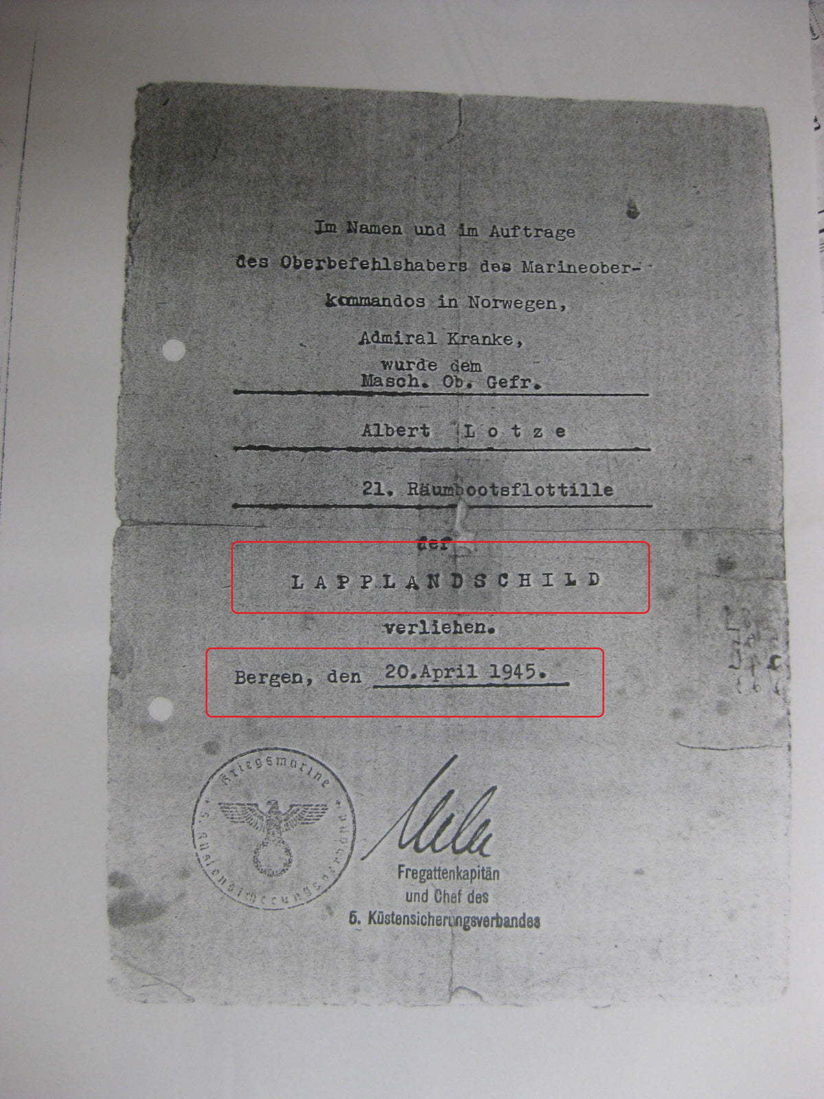 Kopie von Verleihungsurkunde Kriegsmarine Lapplandschild Minensucherkriegsabzeichen Norwegen