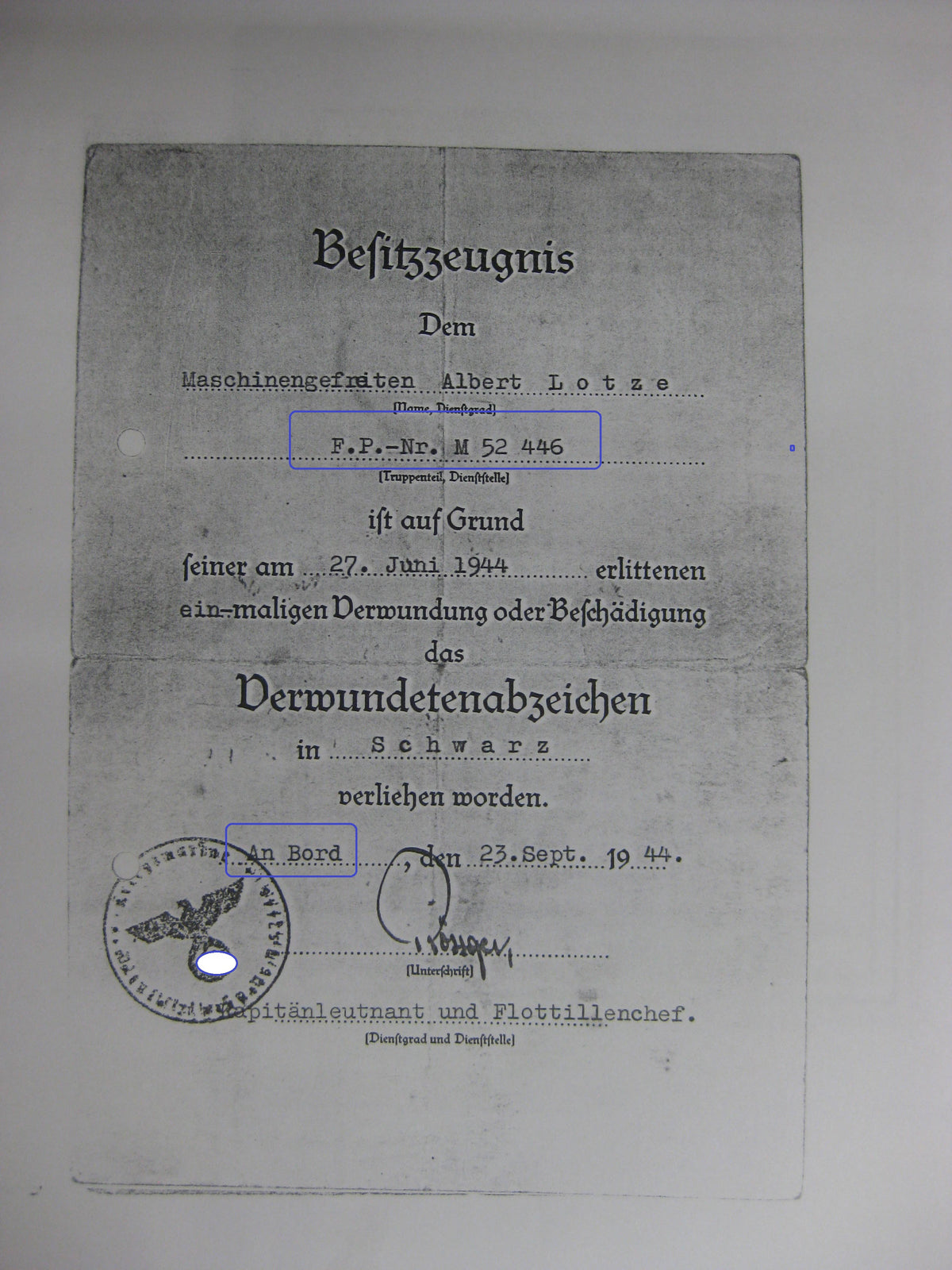 Kopie von Verleihungsurkunde Kriegsmarine Lapplandschild Minensucherkriegsabzeichen Norwegen