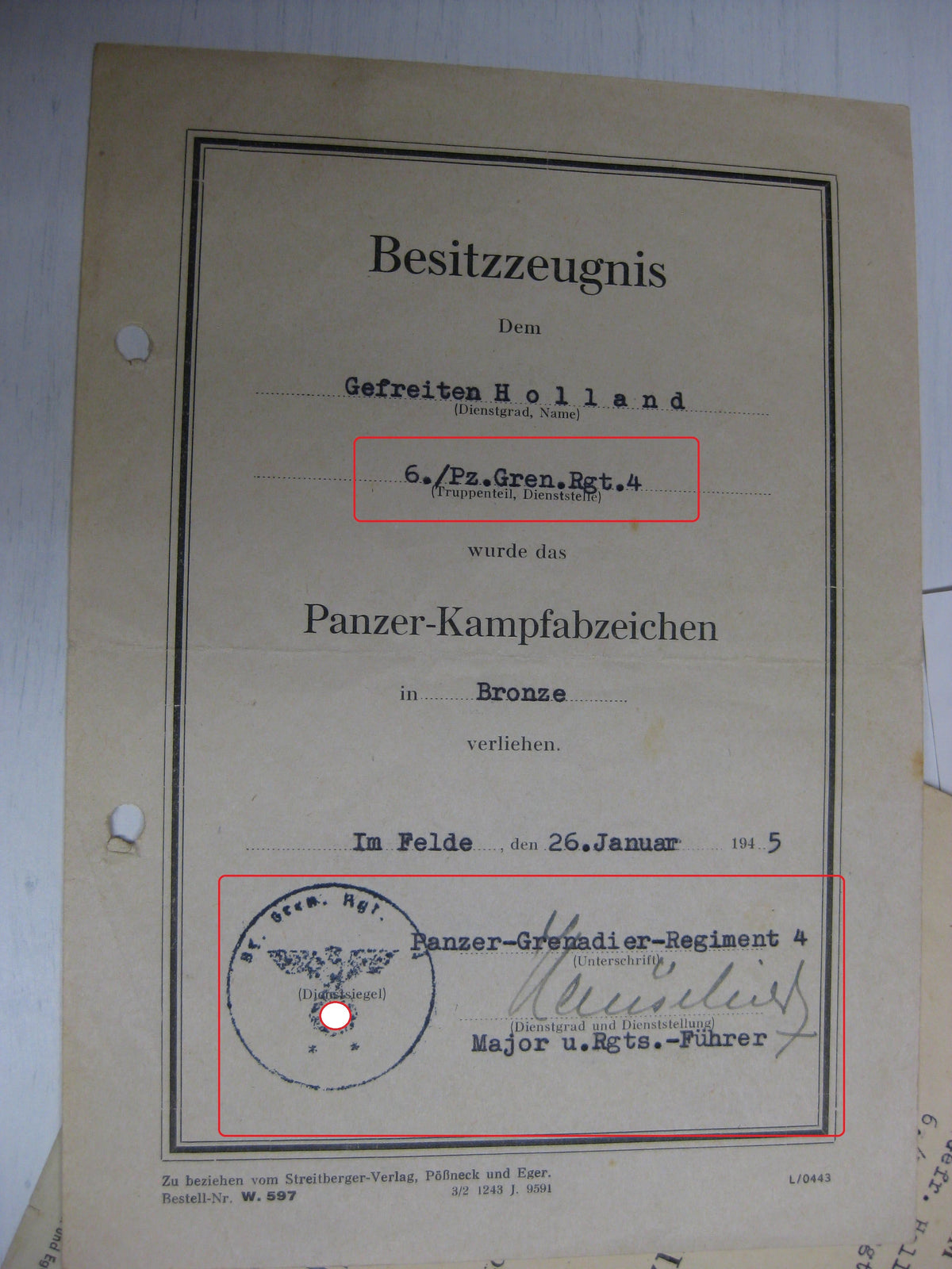 Besitzzeugnis Verleihungsurkunde Eisernes Kreuz Panzerkampfabzeichen Wehrmacht