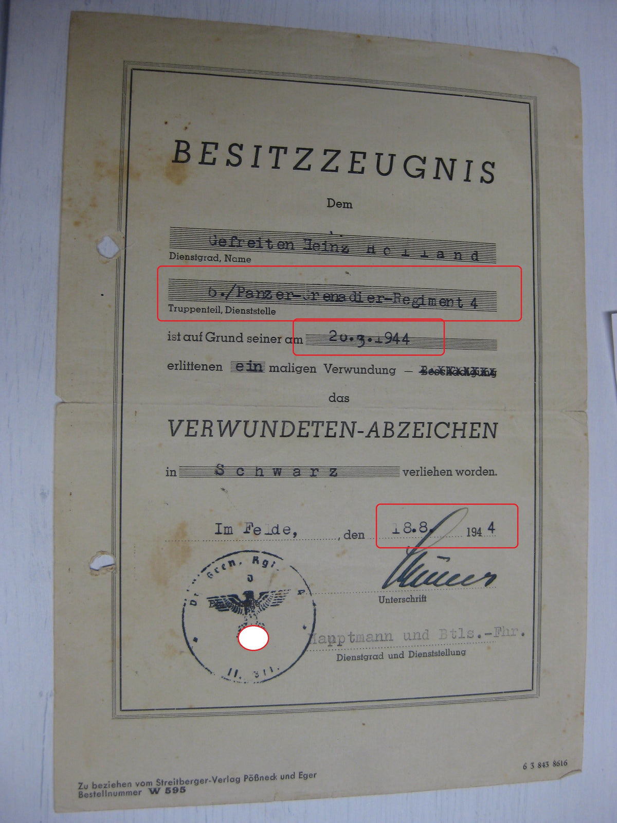 Besitzzeugnis Verleihungsurkunde Eisernes Kreuz Panzerkampfabzeichen Wehrmacht