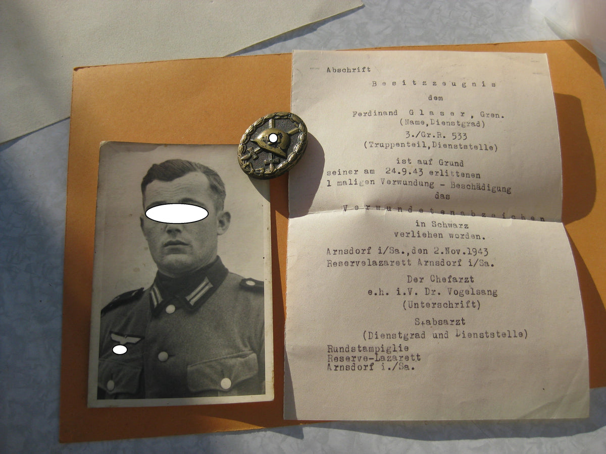 Verwundetenabzeichen 1939 in Schwarz mit Trägerfoto und Besitzzeugnis