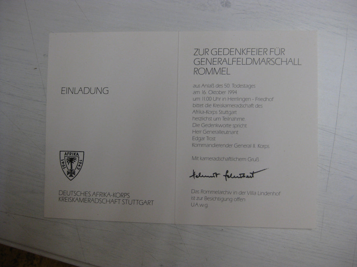 Einladungskarte zur Gedenkfeier für Generalfeldmarschall Erwin Rommel in Stuttgart Afrikakorps 1941 / 1943 Wehrmacht
