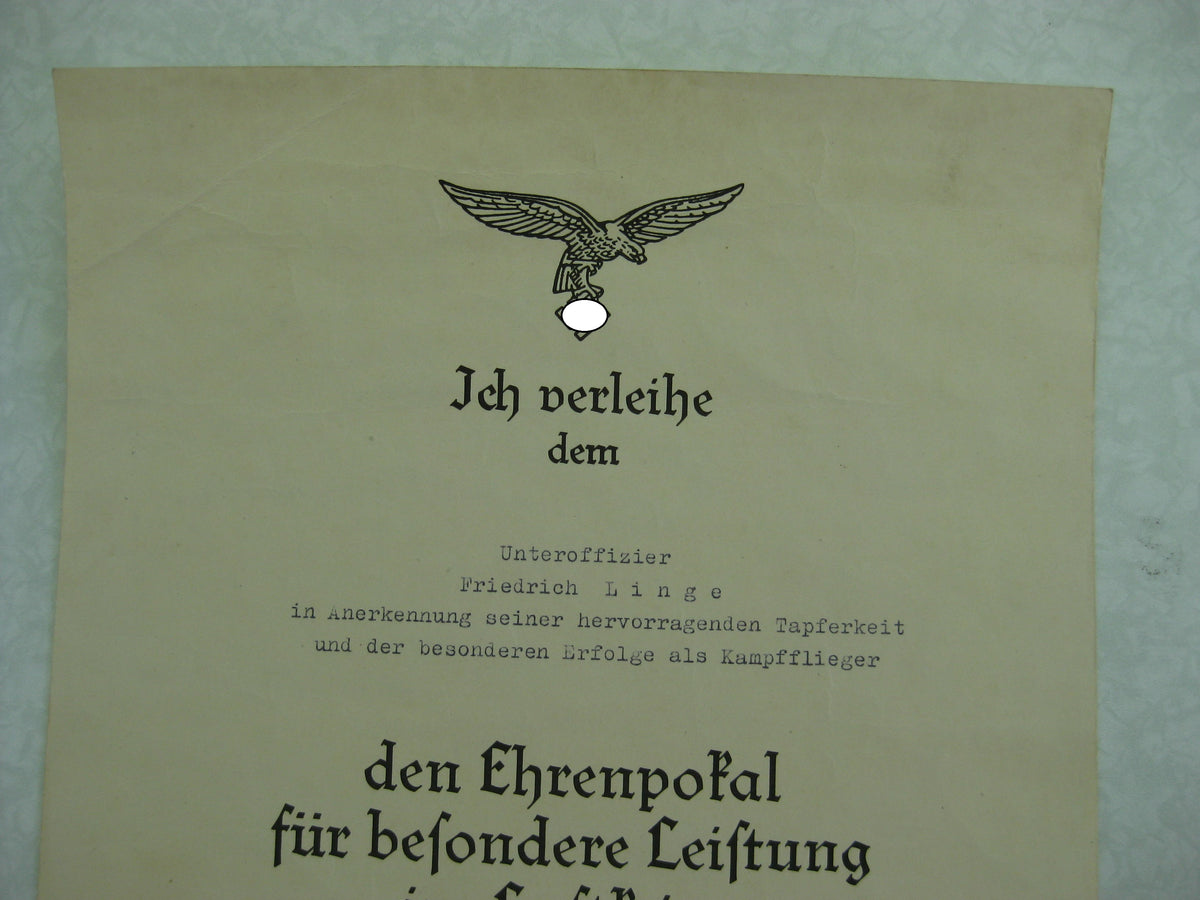 Nachlass Ehrenpokal der Luftwaffe mit namensgleicher Verleihungsurkunde