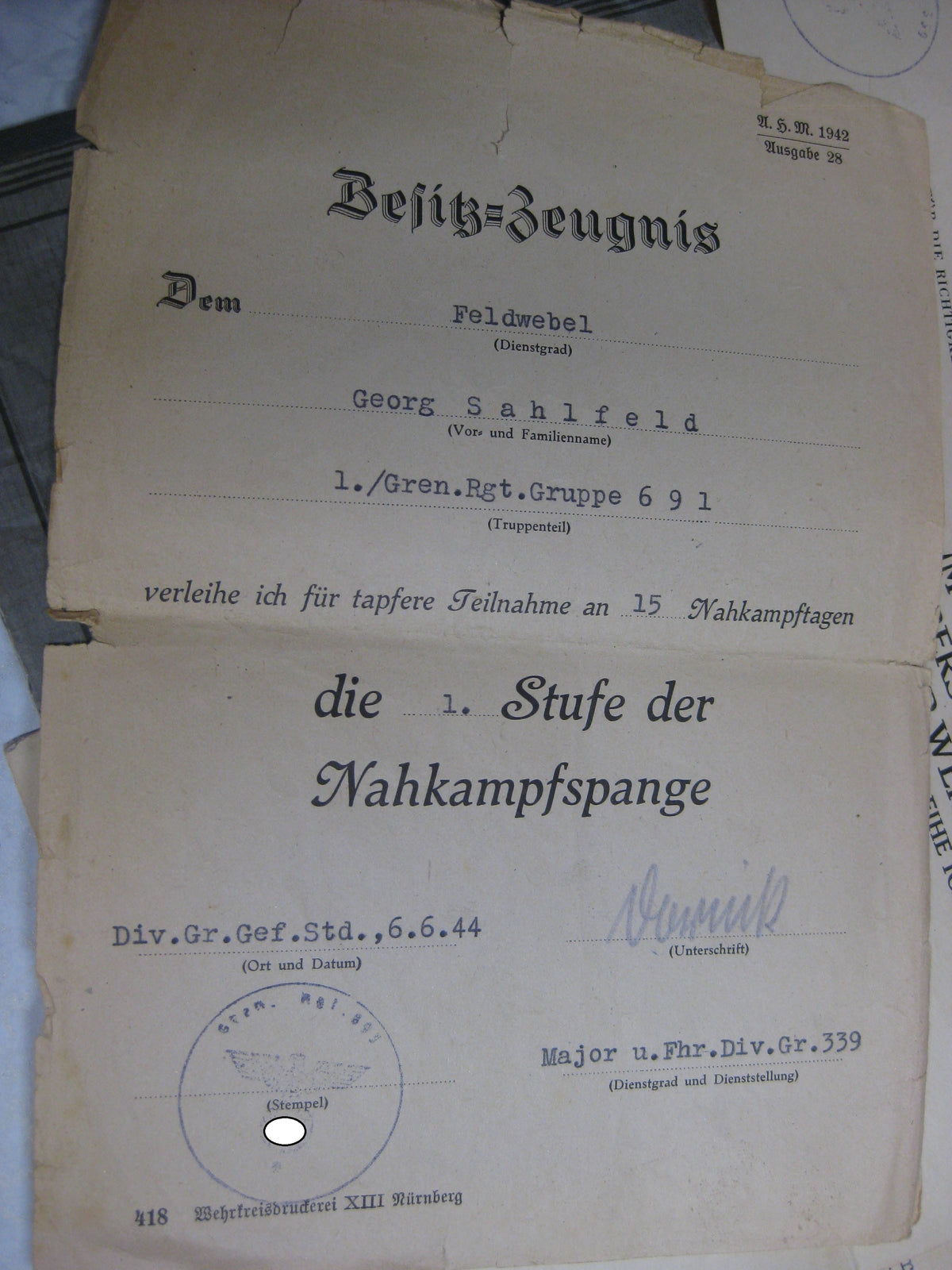 Nachlass Dokumente Verleihungsurkunden Besitzzeugnis Ostfront / Russland