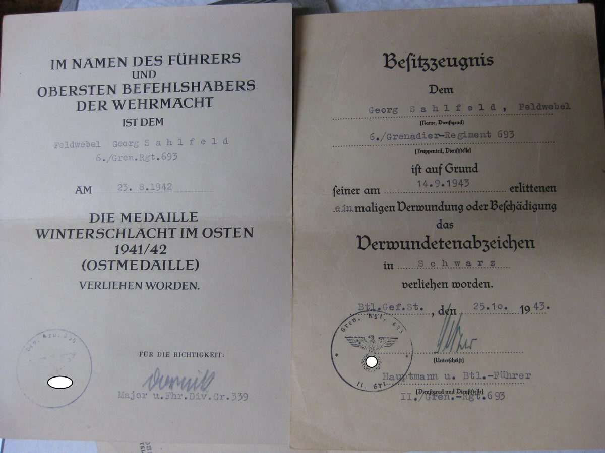 Nachlass Dokumente Verleihungsurkunden Besitzzeugnis Ostfront / Russland