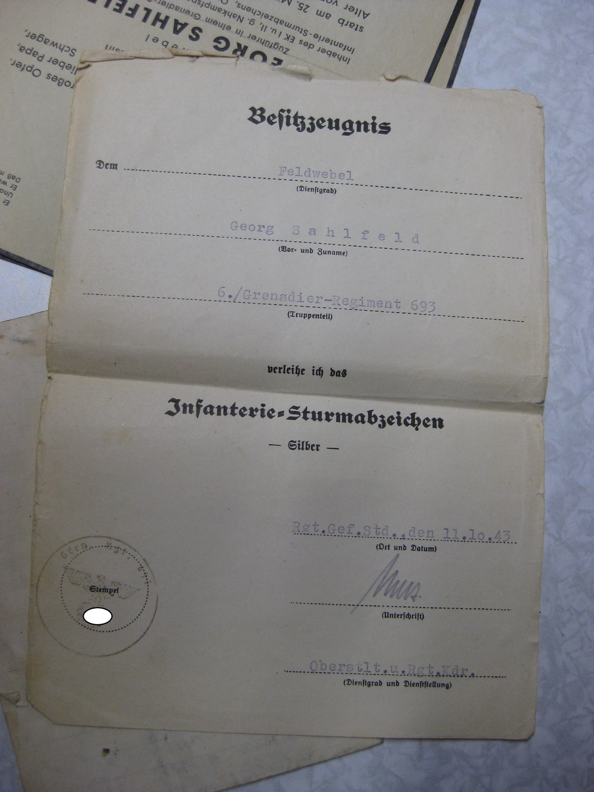 Nachlass Dokumente Verleihungsurkunden Besitzzeugnis Ostfront / Russland